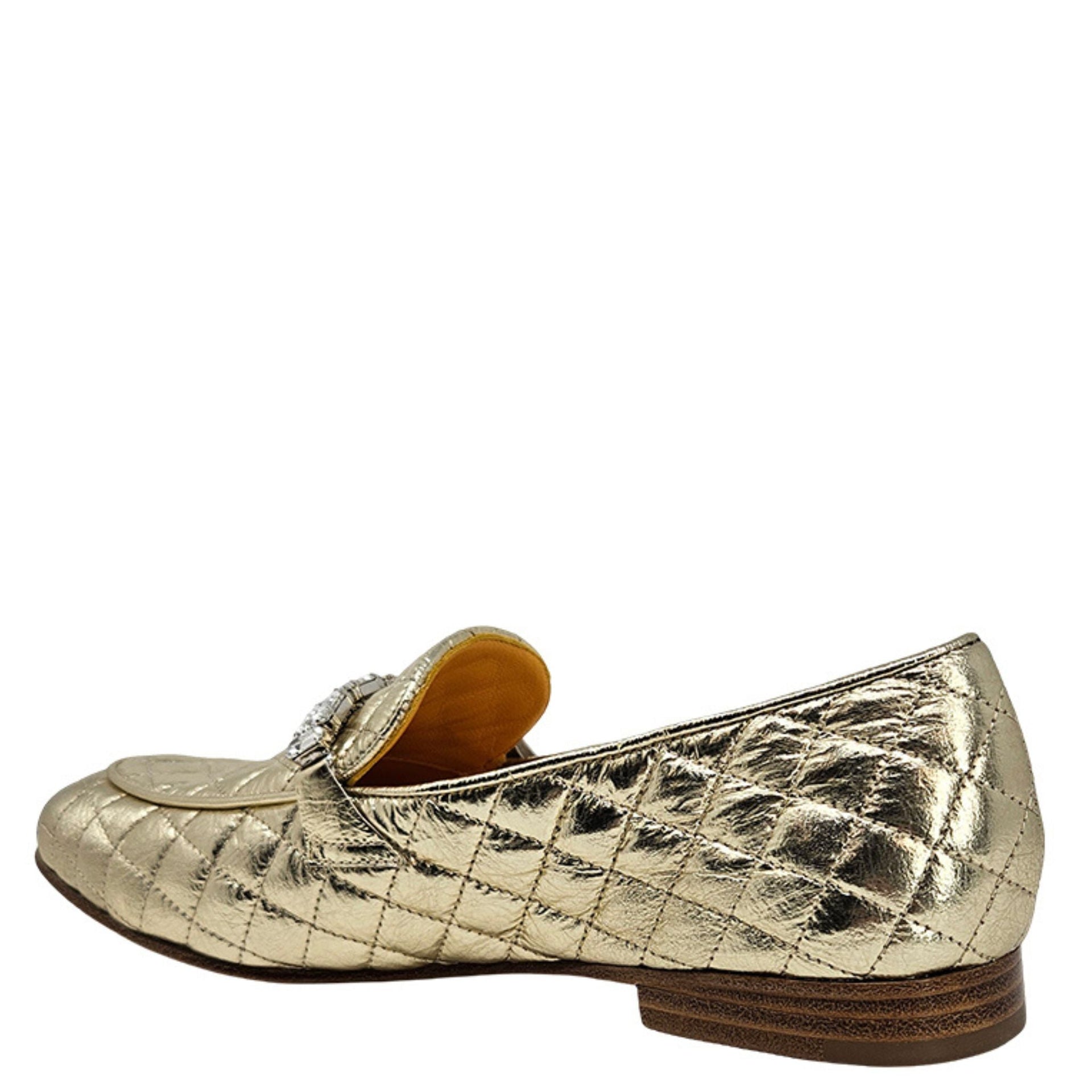 Women's Gold Quilted Leather Flat Loafers with Crystal Detail - Image 3