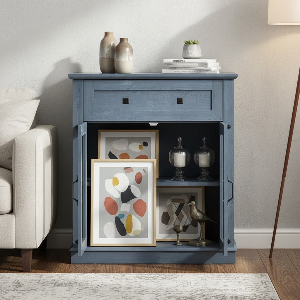 Modern Glass Door Cabinet with Adjustable Shelves, Compact Storage