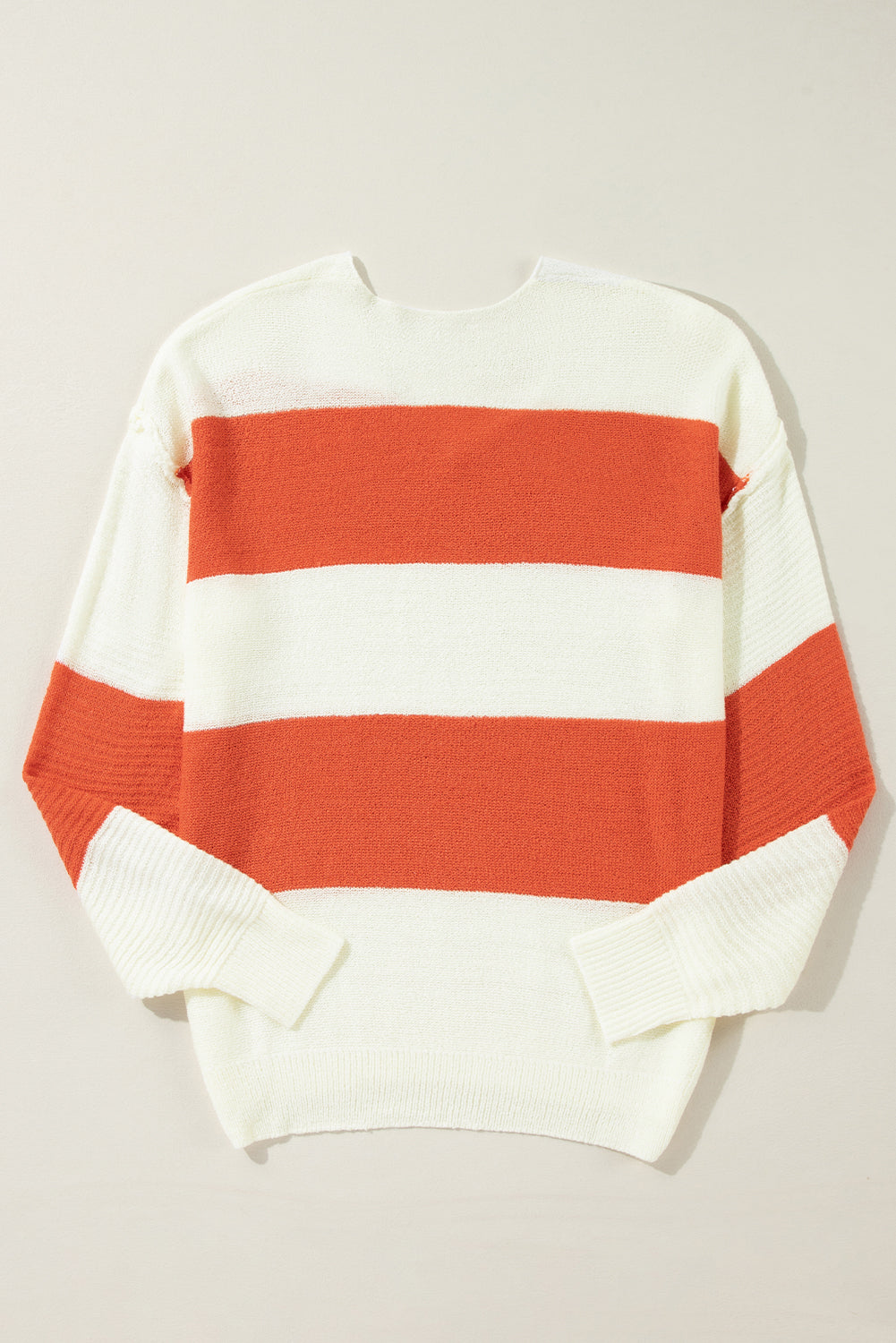 White Orange Striped Drop Shoulder Bubble Sleeve V-Neck Sweater - Image 2