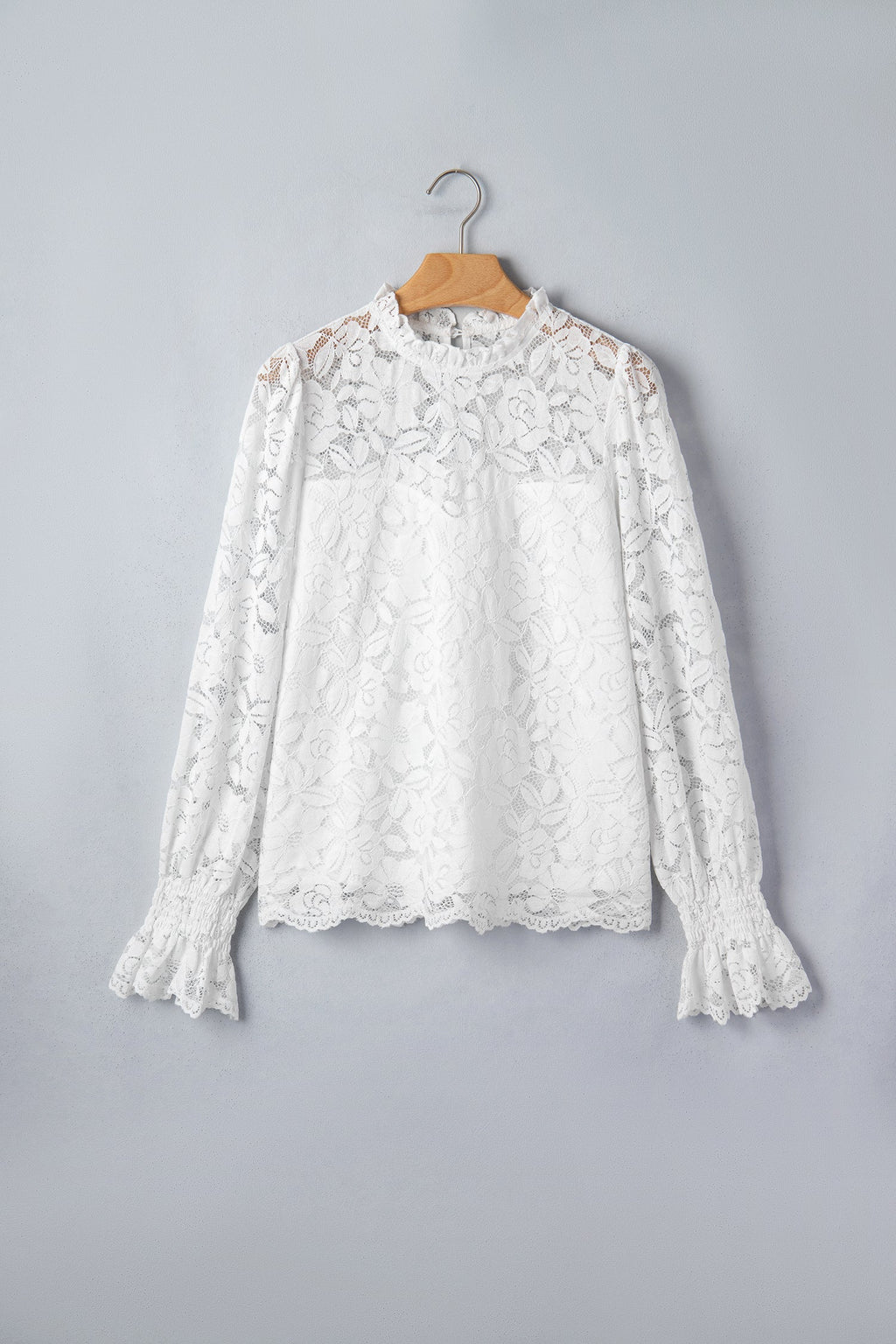 Lace Ruffle Round Neck Flounce Sleeve Blouse in White