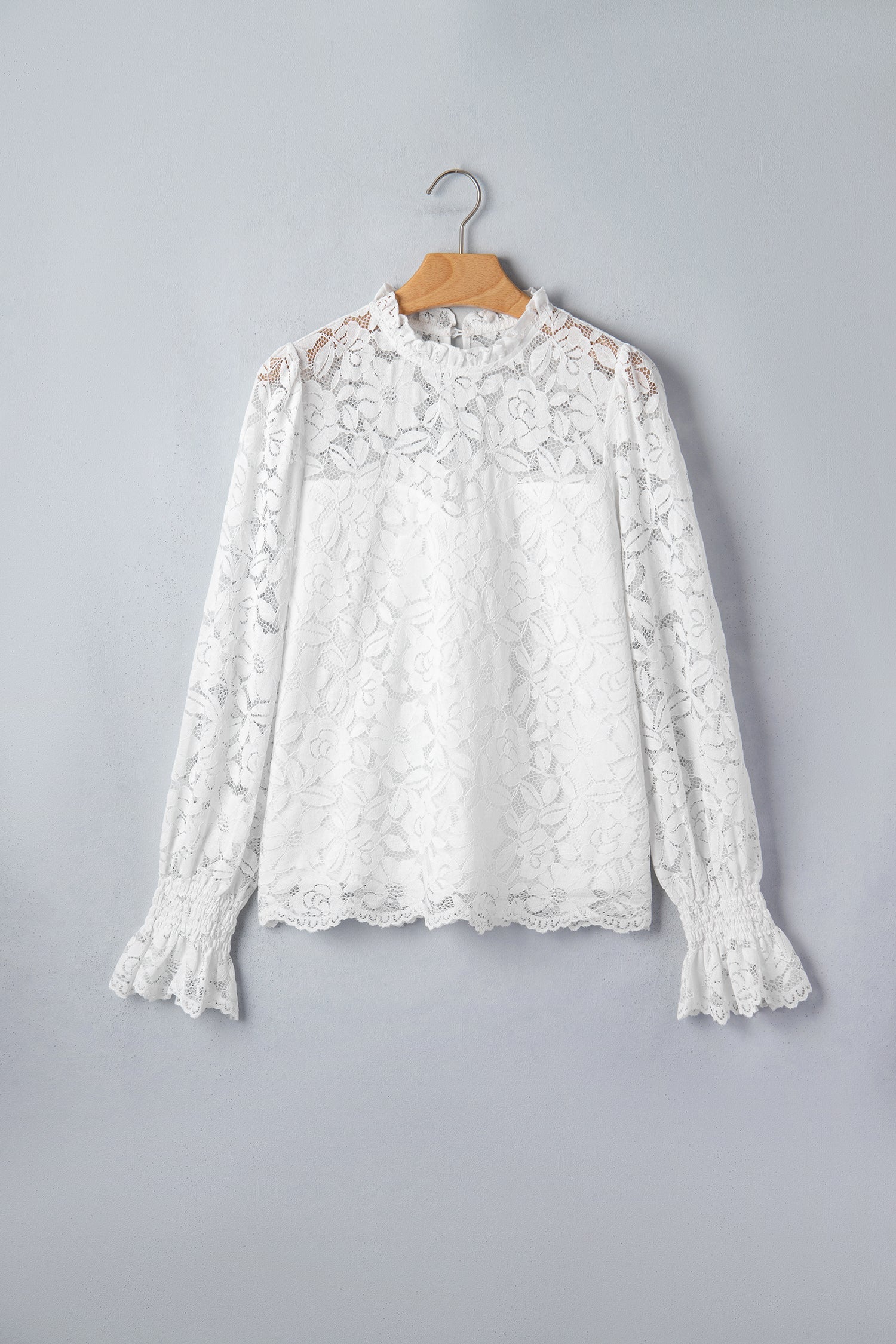 Lace Ruffle Round Neck Flounce Sleeve Blouse in White