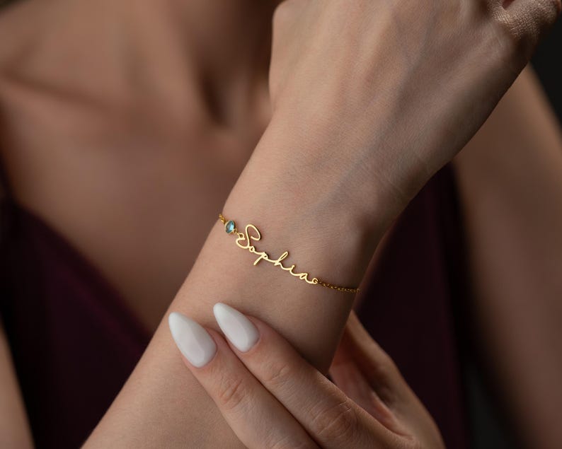 Personalized Cursive Name & Birthstone Bracelet Minimalist Jewelry