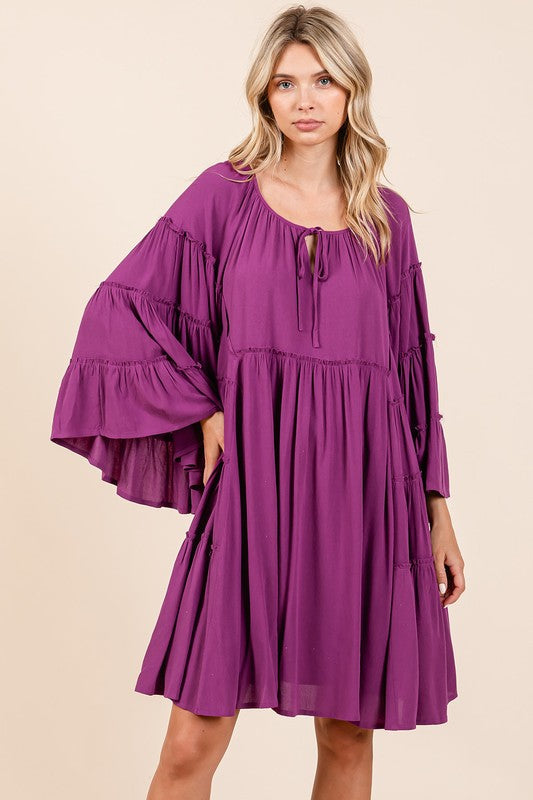 Frill Tie Neck Bell Sleeve Midi Dress for Women