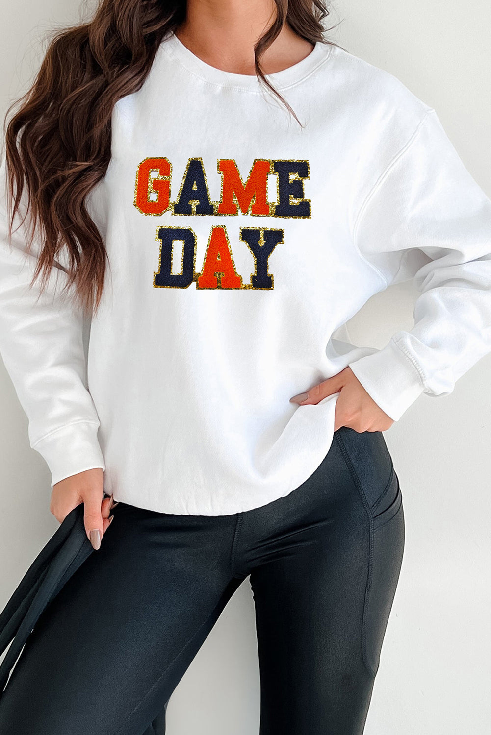 White Chenille GAME DAY Letter Terry Flocking Sweatshirt