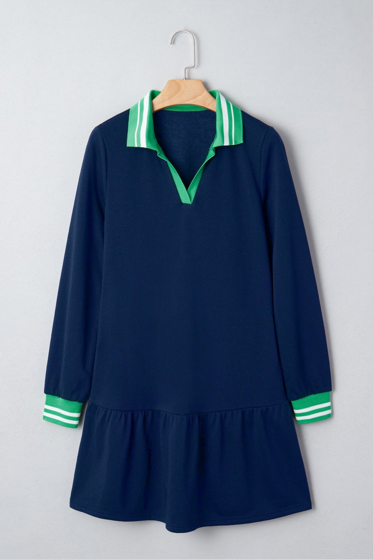 Stripe Contrast Polo Collar Ruffle Hem Mini Dress