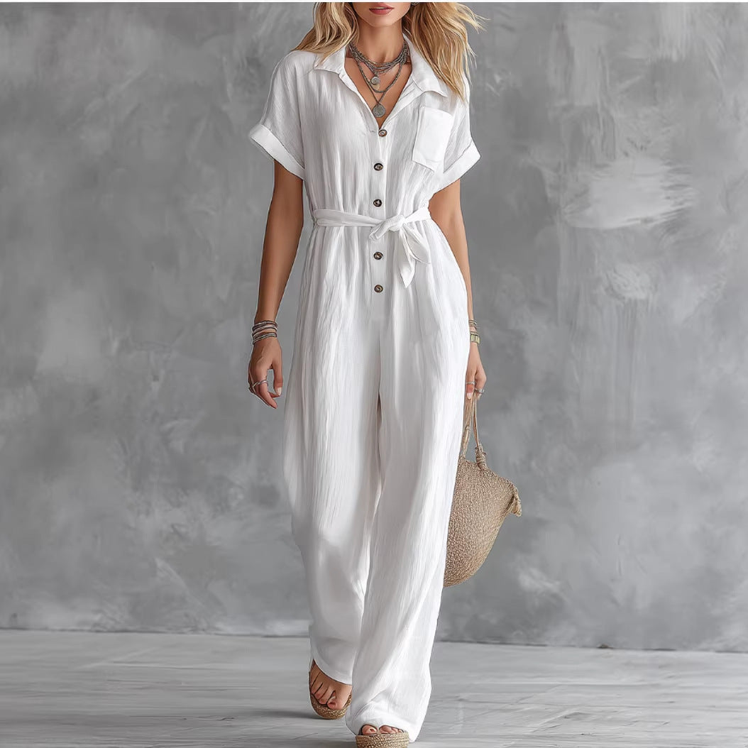 Women's Loose White Button-Down Jumpsuit with Waist Tie and Pockets - Image 3
