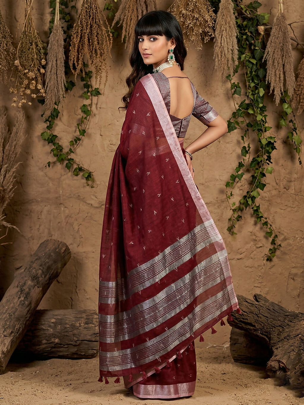 Maroon Linen Cotton Saree with Matching Blouse Piece