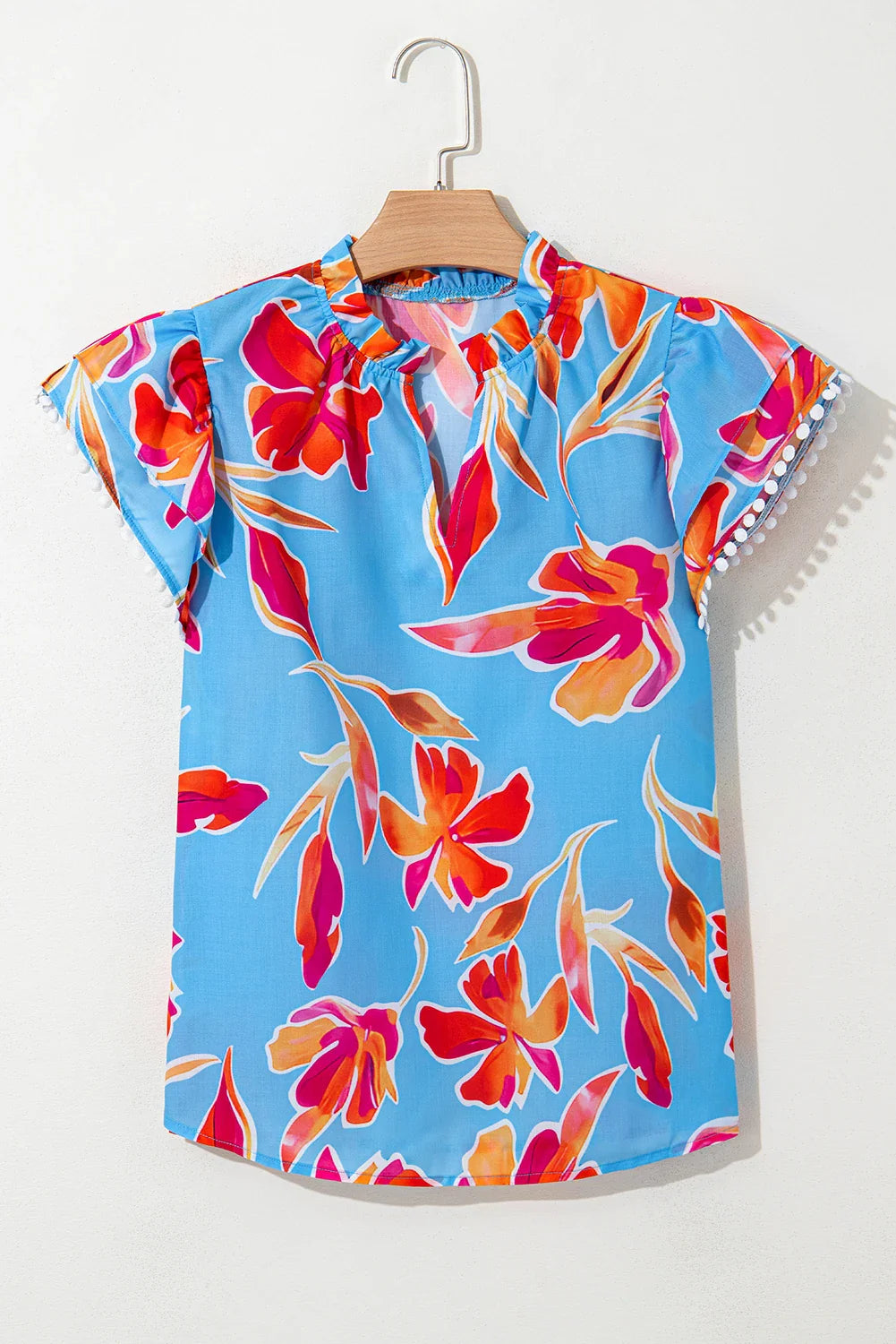 Floral V-Neck Flutter Sleeve Blouse in Sky Blue