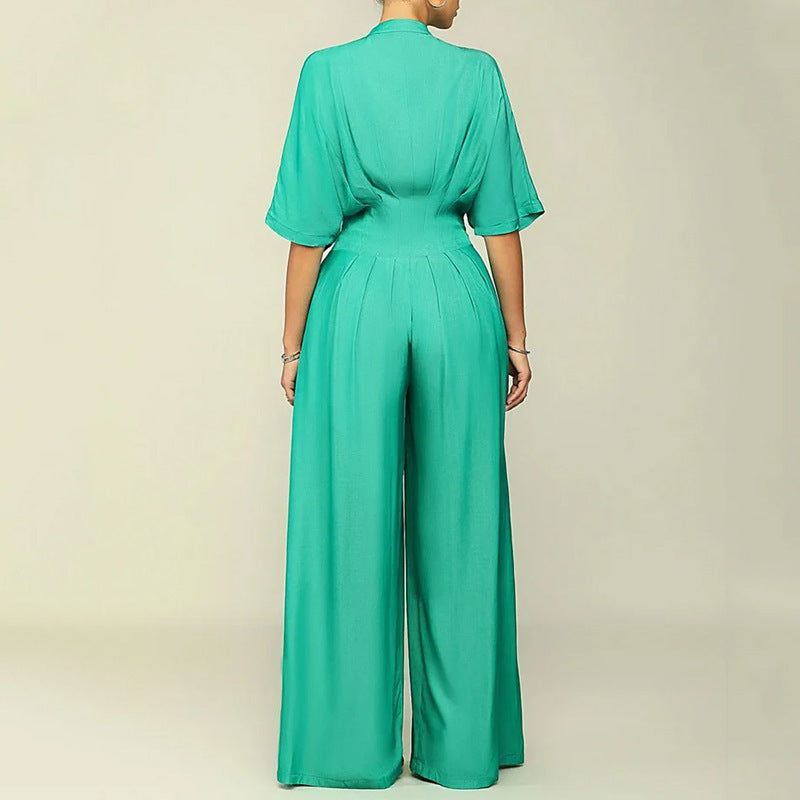 Emerald Green Satin Wide-Leg Jumpsuit with Bat Sleeves