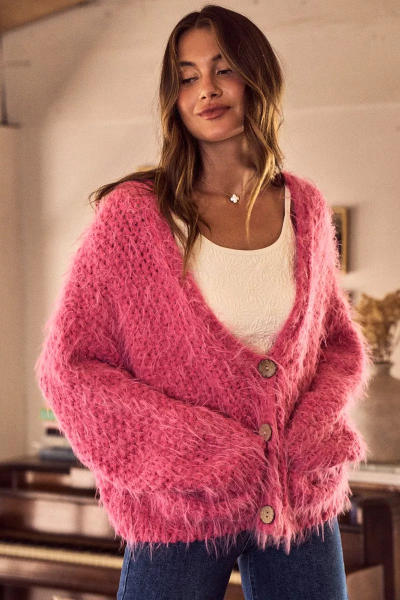 Soft Touch Hairy Loose Fit Cozy Sweater Cardigan in Pink