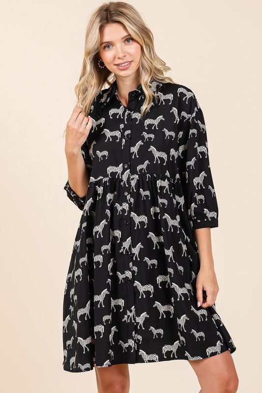 Zebra Print Button Down Shirt Mini Dress