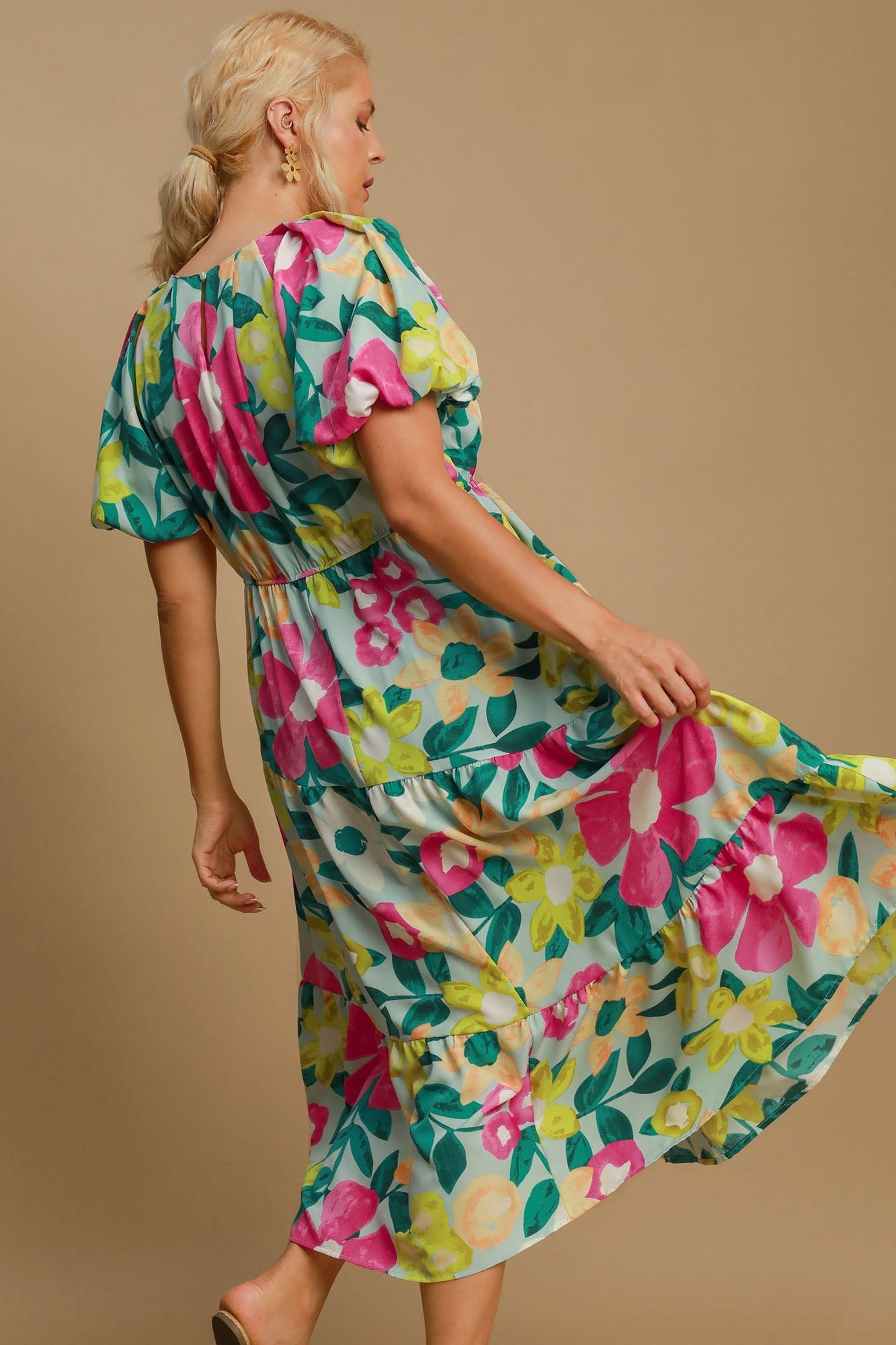 Floral Print Puff Sleeve Midi Dress Romantic Style
