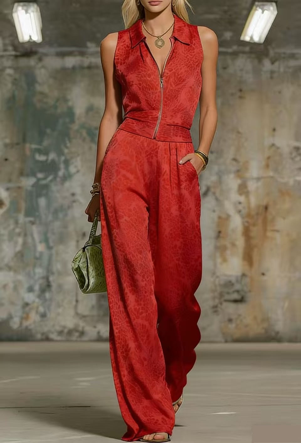 Women's Floral Print Sleeveless Zip-Up Wide Leg Jumpsuit