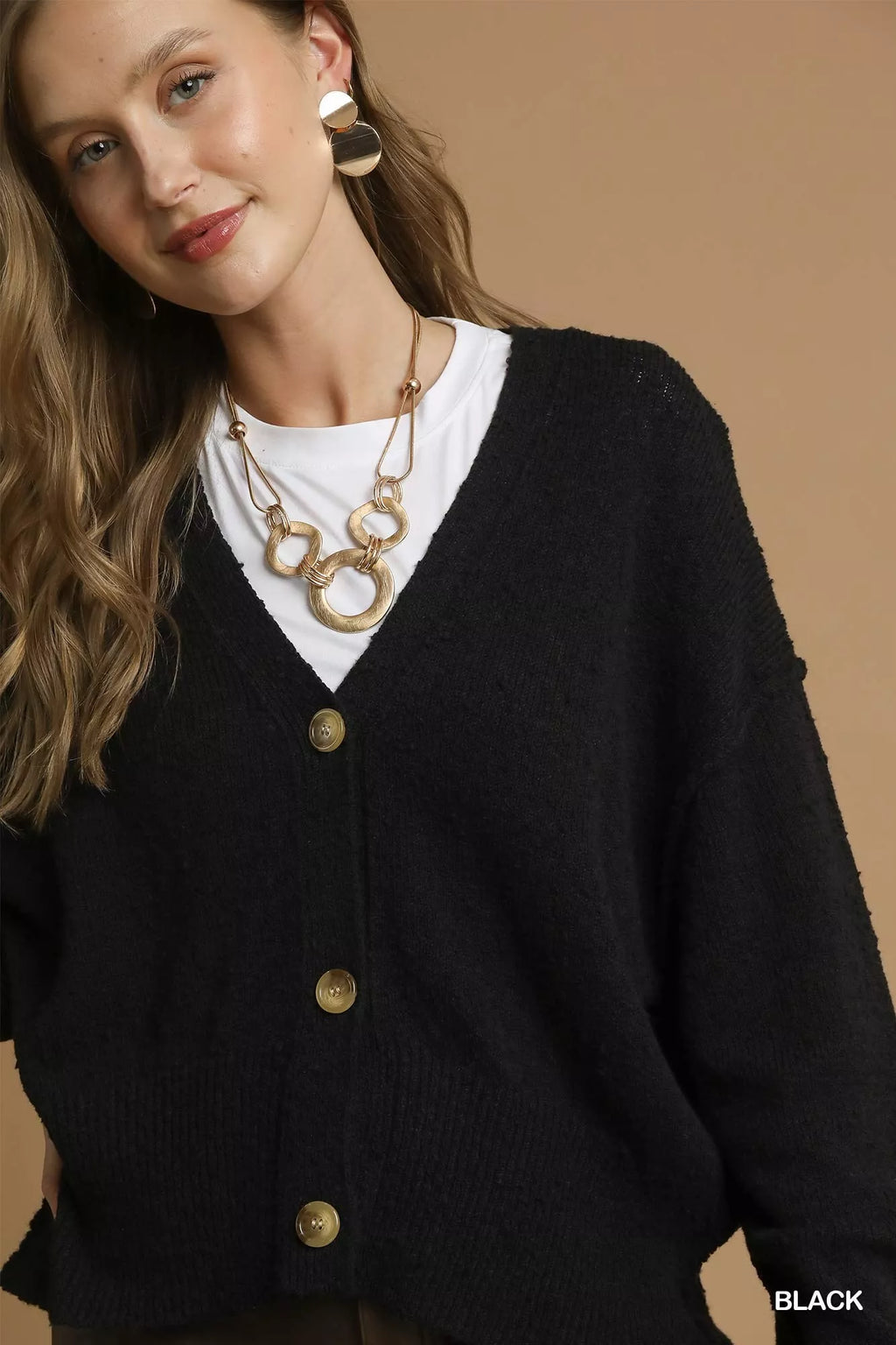 Button-Front V-Neck Knit Cardigan in Black