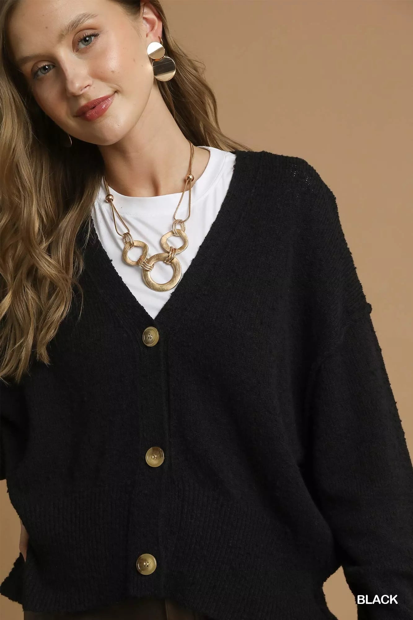 Button-Front V-Neck Knit Cardigan in Black