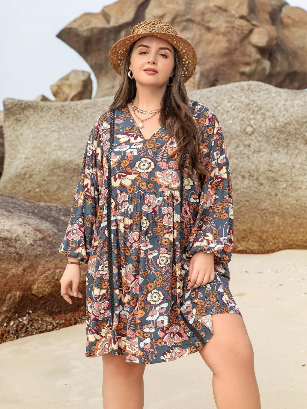 Plus Size Floral Print Long Sleeve Mini Dress