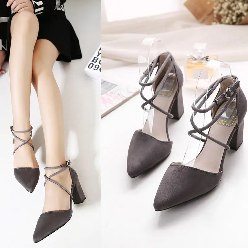 Women's Pointed Toe Suede Chunky Block Heel Ankle Strap Pumps - Image 16