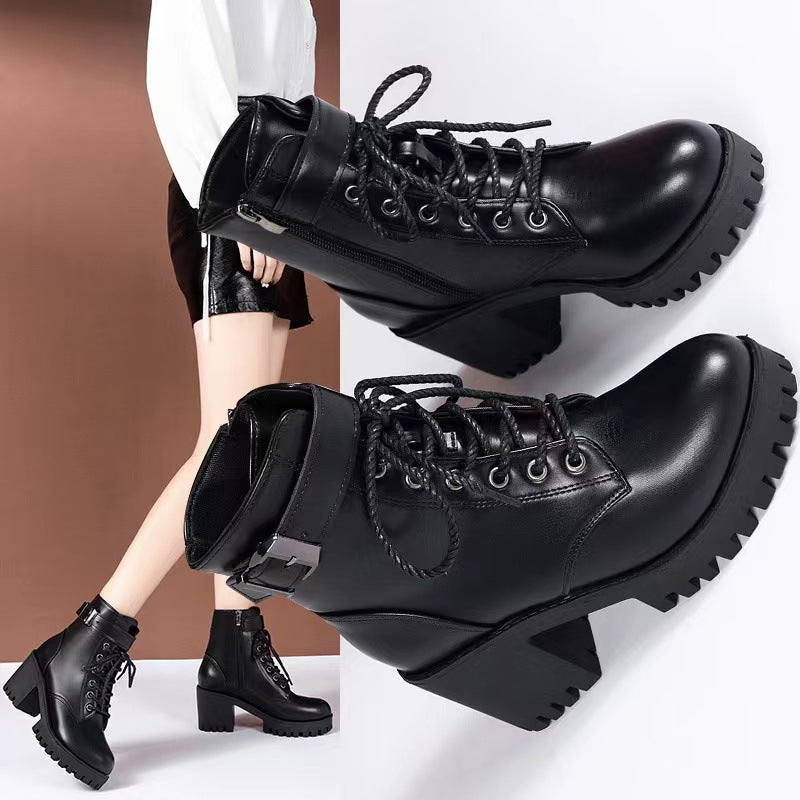 Women's Black Lace-Up Buckle Chunky Platform Combat Boots