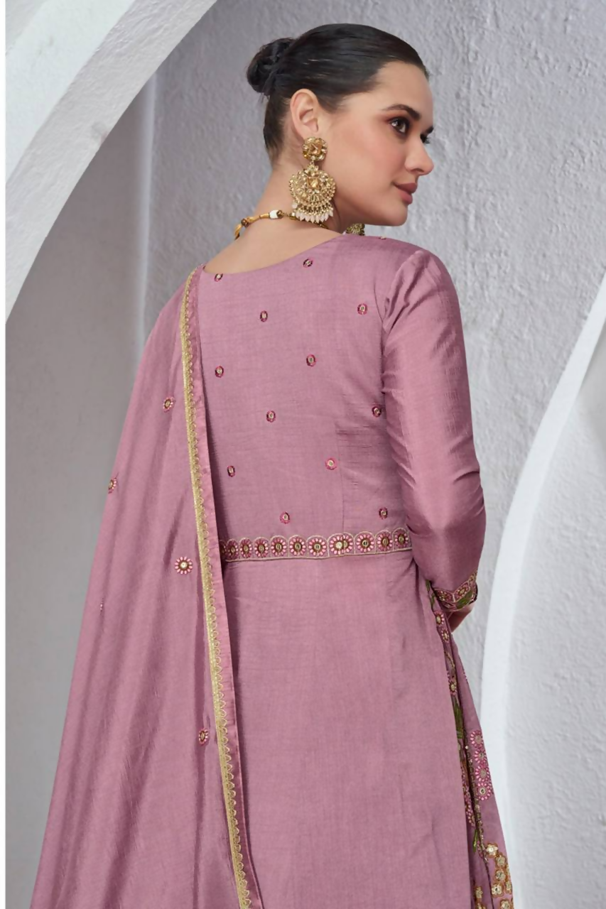 Pink Viscose Silk Embroidered Gown and Skirt Set Stitched