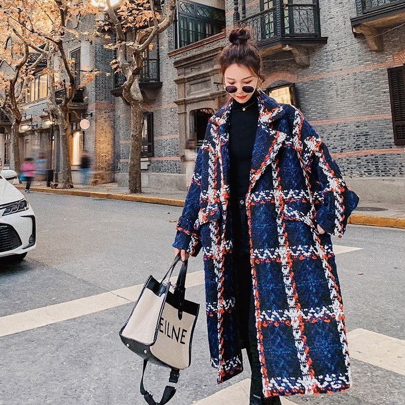 Women's Blue Plaid Woolen Mid-Length Overcoat - Harajuku Style - Image 4