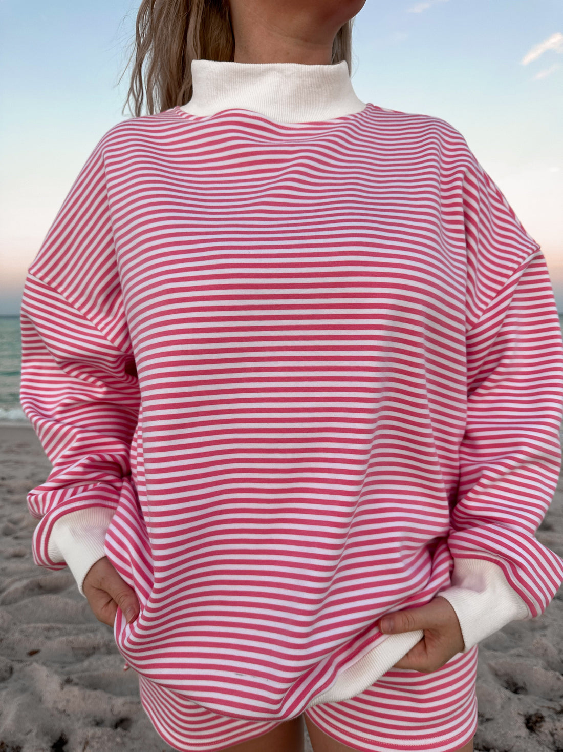 Dark Pink and White Big Striped Mockneck Sweatshirt Unisex