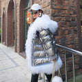 Women's Harajuku metallic silver puffer jacket with white faux fur hood and trim