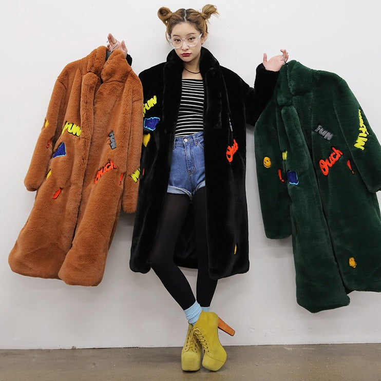 Plush Faux Fur Teddy Coat with Playful Patches - Harajuku Style - Image 2