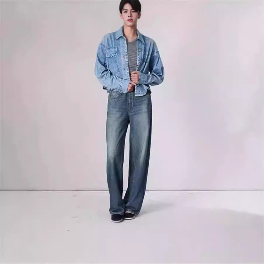 Retro Mid Rise Wide Leg Loose Denim Jeans - Faded Blue Wash - Image 3