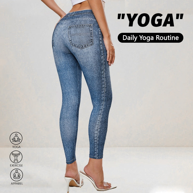 Women's High-Waisted Denim-Print Yoga Leggings Butt-Lifting Sporty