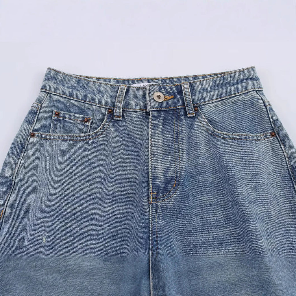 Women's Harajuku Ripped Loose Mid Rise Denim Jeans - Deep Blue - Image 2