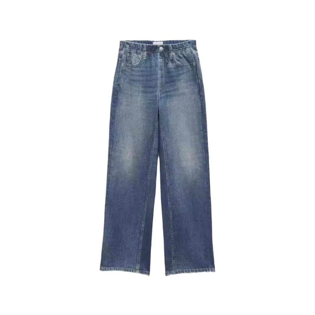 Retro Mid Rise Wide Leg Loose Denim Jeans - Faded Blue Wash - Image 5