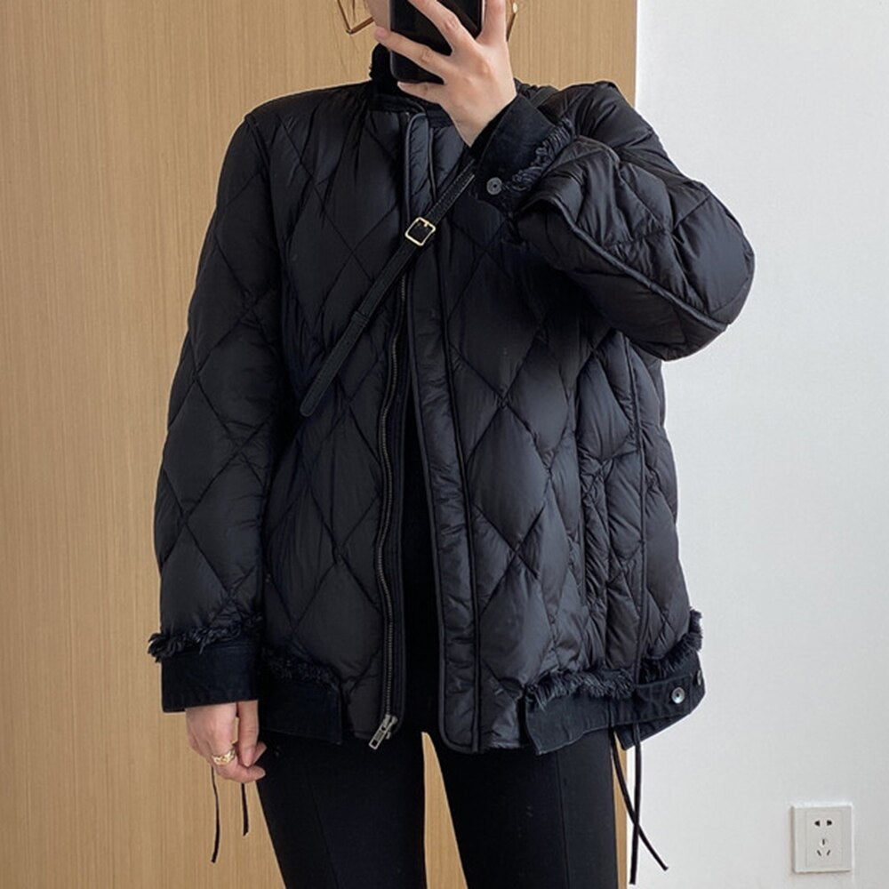Women's Quilted Denim Patchwork Coat - Light Gray Casual Outerwear - Image 8