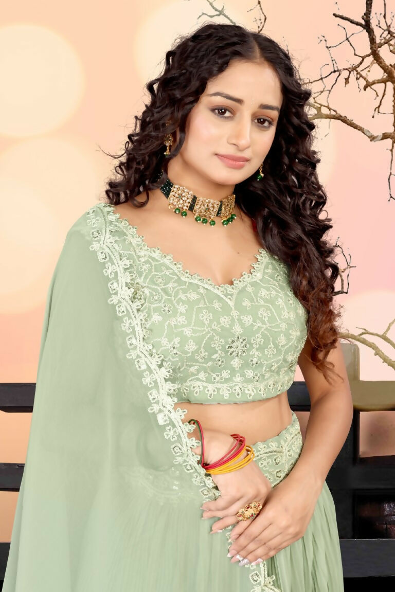 Sea Green Two Tier Crush Georgette Lehenga Choli with Dupatta