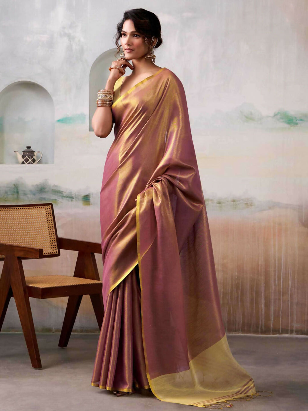 Purple Tissue Silk Saree with Cream Blouse for Elegant Occasions