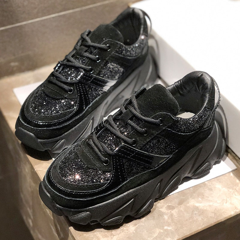 Women’s Harajuku Style Black Chunky Platform Wedge Sneakers - Image 2