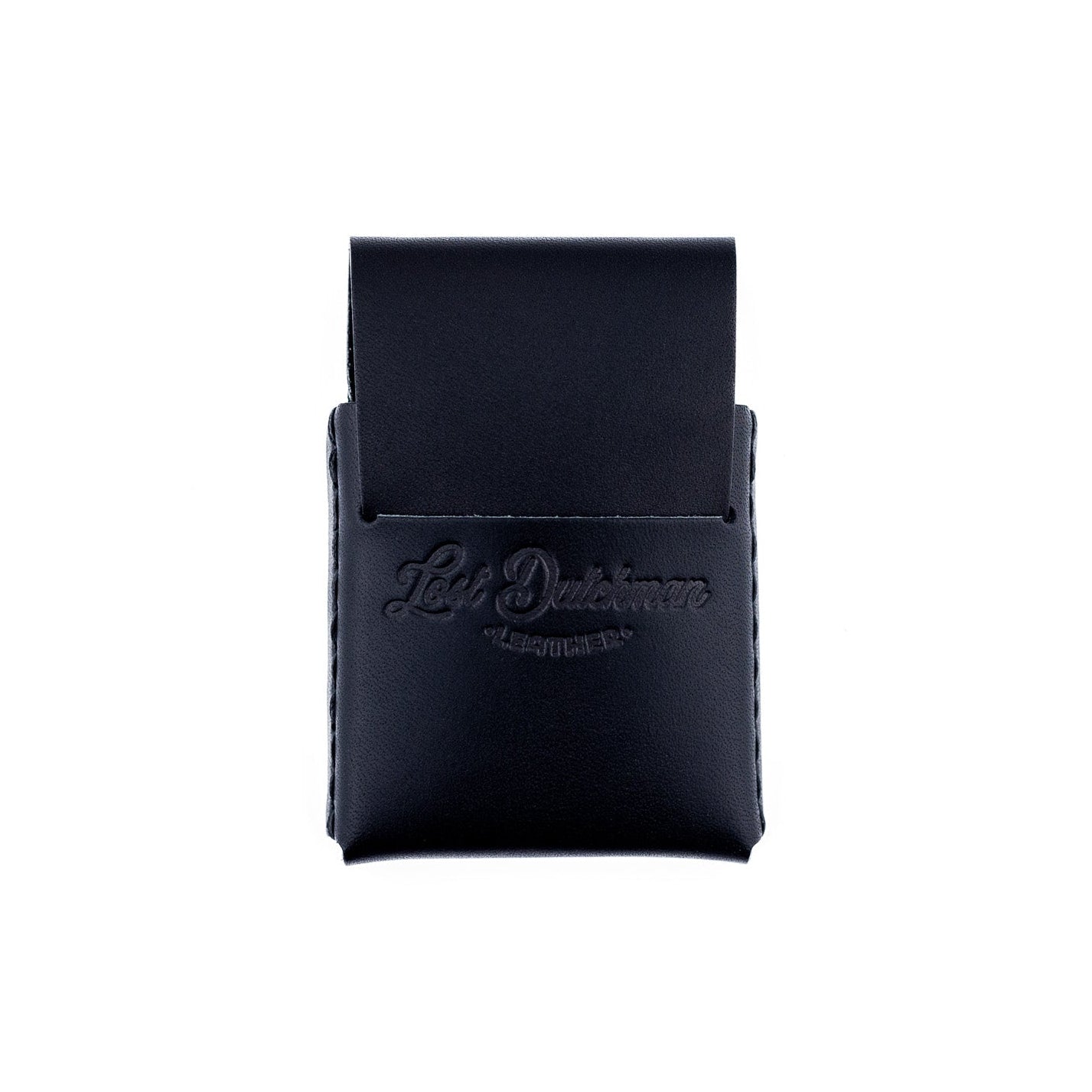 Black Thin Finn full-grain leather card holder showing slim profile and hand-stitched Tiger Thread detail.