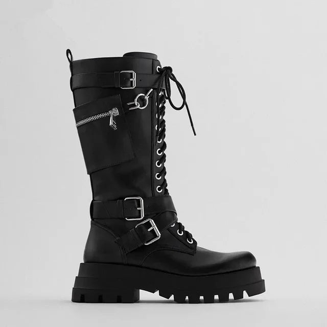Women's Black Lace-Up Knee High Platform Motorcycle Boots with Chain - Image 8
