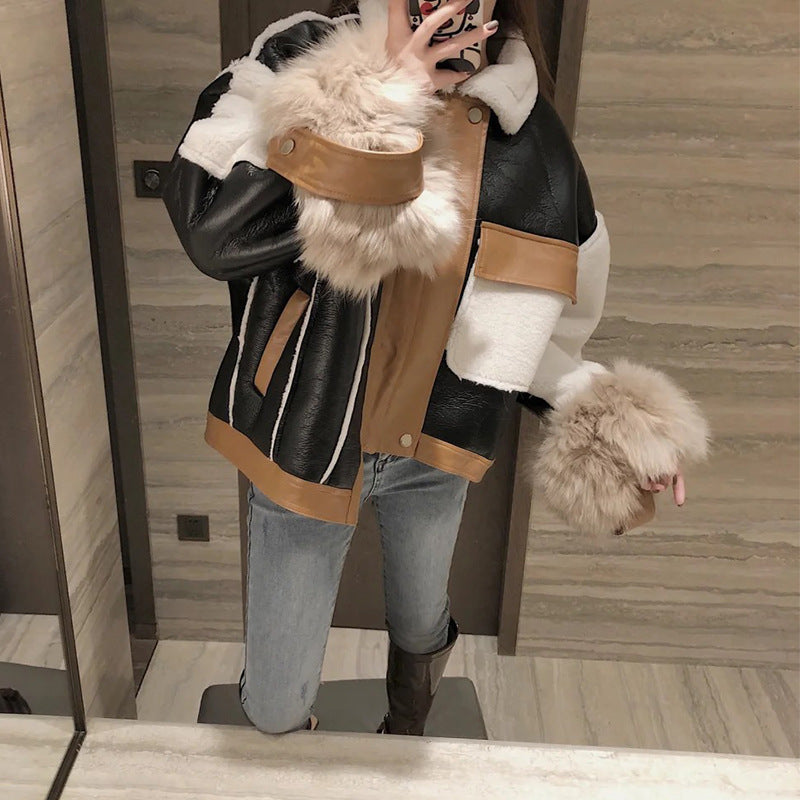 Women's Vintage Faux Leather & Fur Color Block Harajuku Jacket - Image 3