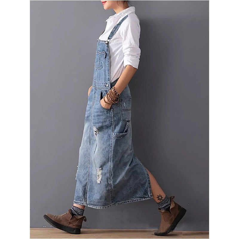 Distressed Blue Denim Overall Midi Dress with Adjustable Straps - Image 6