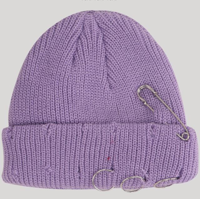 Women's Playful Japanese Knit Beanie Hat with Safety Pins - Image 5