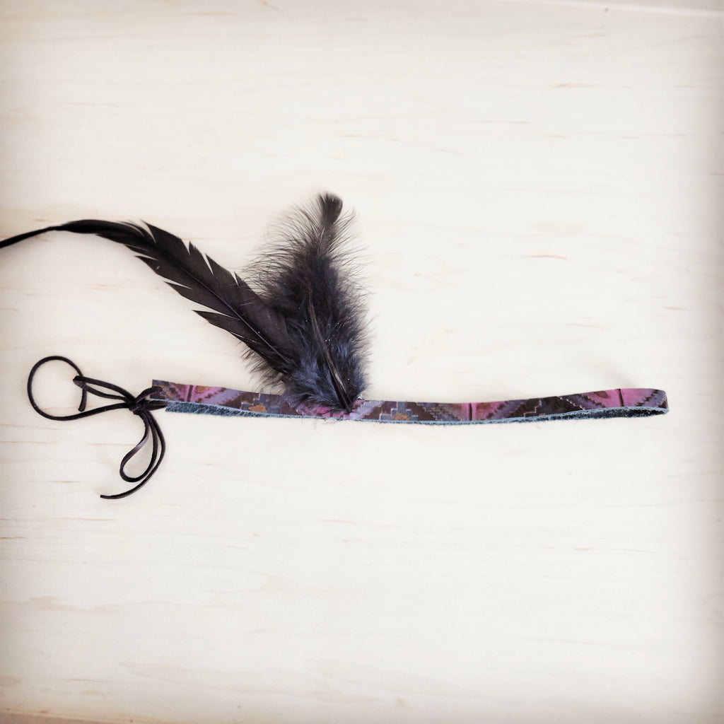 Magenta Navajo Print Leather Hat Band with Black Feathers - Image 4