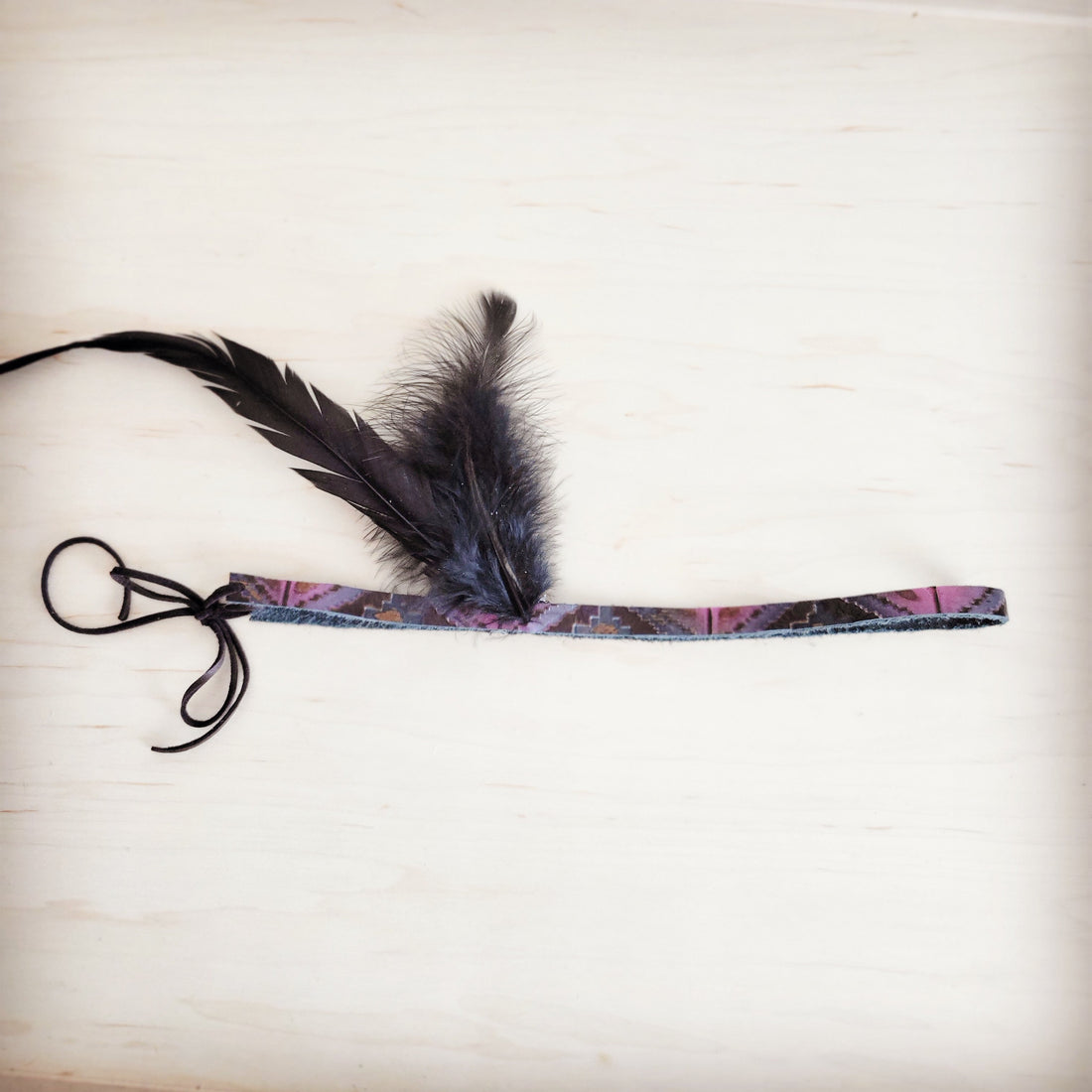Magenta Navajo Print Leather Hat Band with Black Feathers - Image 4