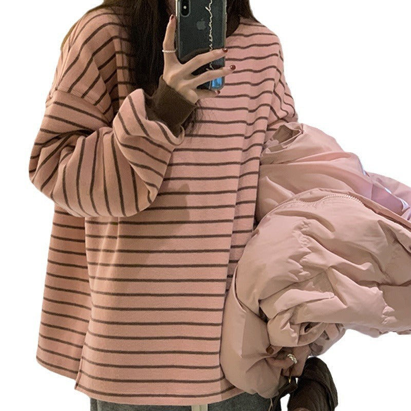 Women's Oversized Pink Striped Knit Crewneck Sweatshirt - Image 5