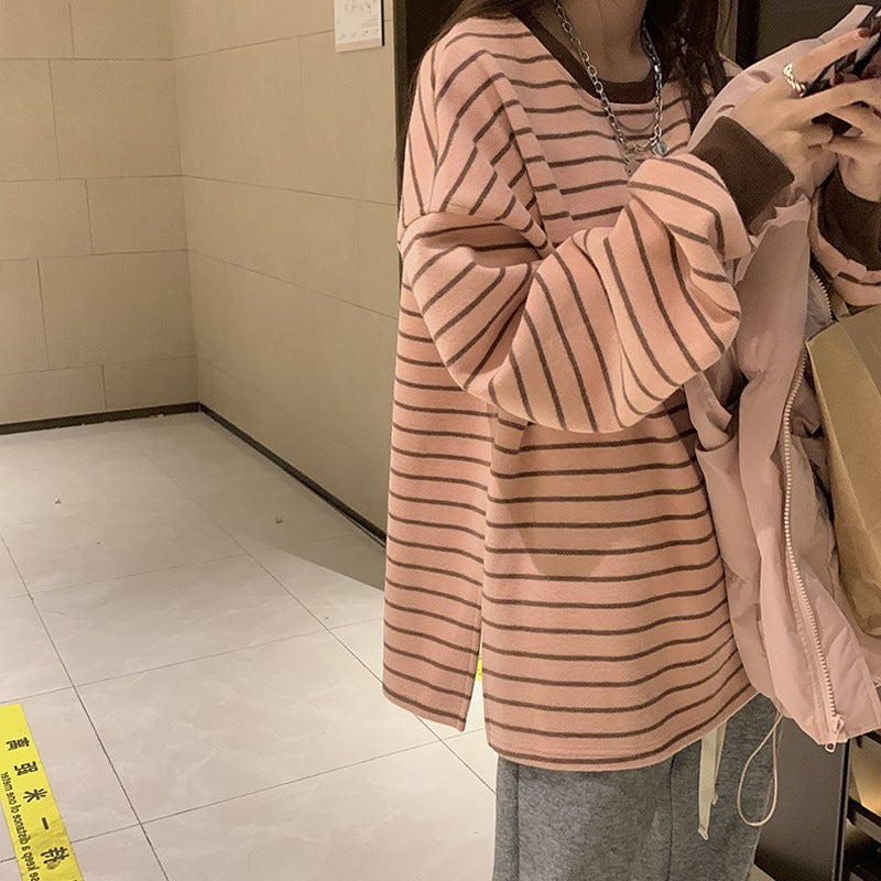 Women's Oversized Pink Striped Knit Crewneck Sweatshirt - Image 3
