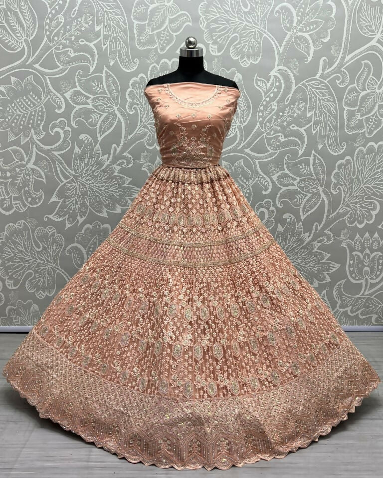 Peach Heavy Net Embroidered Wedding Lehenga Choli with Sequins
