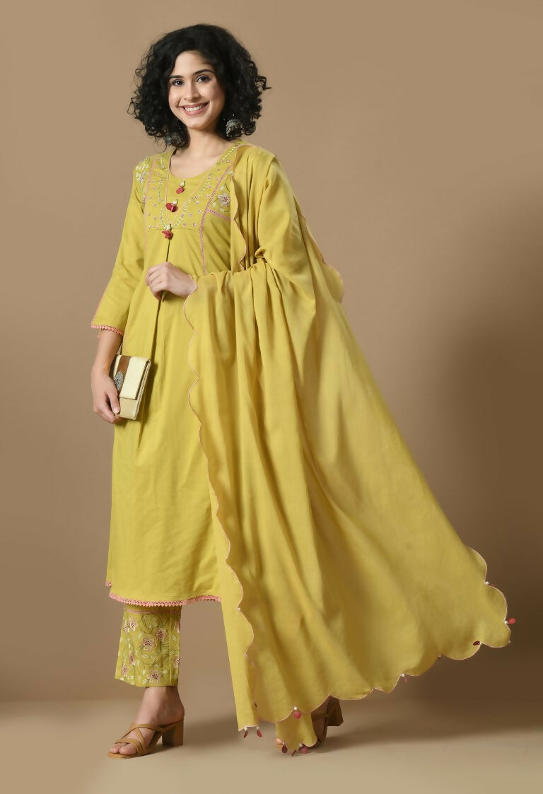 Mehendi Cotton Kurta Set with Organza Dupatta - 3-Piece Set
