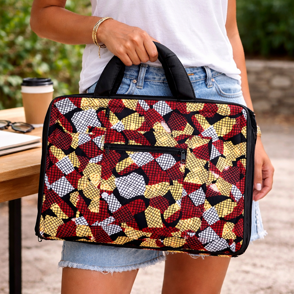 Vibrant, multi-colored geometric print cotton laptop bag with black accents and a front pocket.