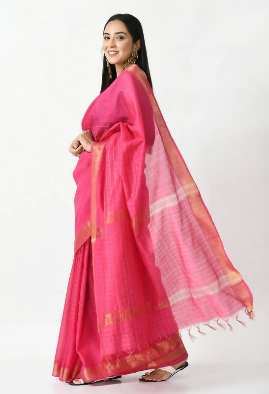 Pink Bhagalpuri Handloom Silk Raj Shree Saree with Blouse Piece