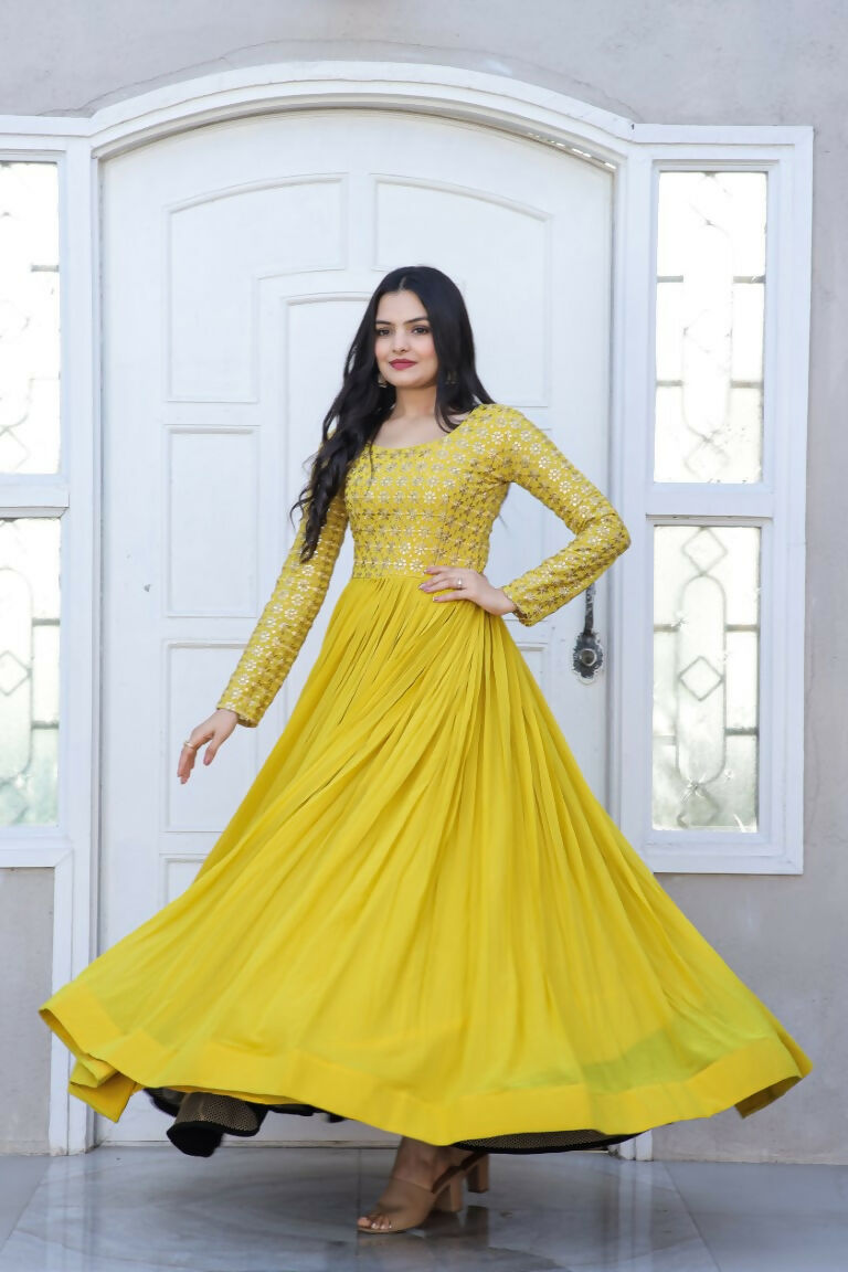 Yellow Sequins Zari Embroidered Faux Blooming Anarkali Dress