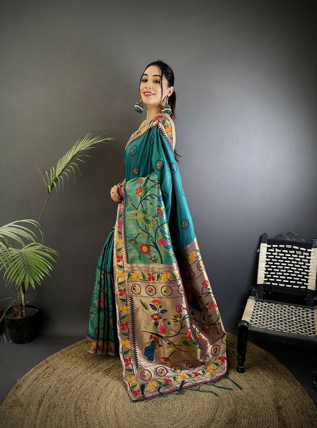 Cyan Blue Paithani Soft Silk Saree with Meenakari Work